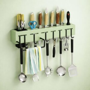 Wall Mounted Kitchen Organizer Rack with Knife Holder Slots, Utensil Hanging Hooks, Towel Bar and Storage Cup, Drill or Adhesive Installation Kitchen Storage Shelf Unit (GREEN__01)