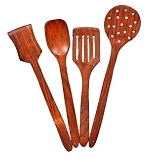 Wood Sheesham Cooking Spoons for Non-Stick Utensils (Multicolour, Standard Size) -Set of 4