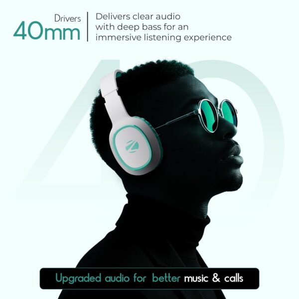 ZEBRONICS Thunder (2026 Upgrade) Wireless Headphones, BT v6.0, True 60 hrs Playback, 40mm Drivers, ENC, Gaming Mode, Dual Pairing, AUX & microSD, Rapid Charging, Call Function (Sea Green)