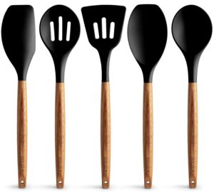Zulay Kitchen Utensils Set With Authentic Acacia Wood Handles - 5 Piece Non-Stick Silicone Cooking Set - 464°F Heat Resistant - Black