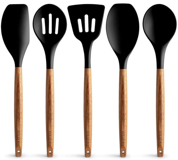 Zulay Kitchen Utensils Set With Authentic Acacia Wood Handles - Zulay Kitchen Utensils Set With Authentic Acacia Wood Handles - 5 Piece Non-Stick Silicone Cooking Set - 464°F Heat Resistant - Black