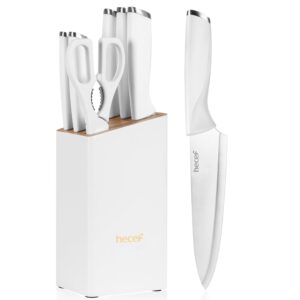 hecef Knife Block with Knives, Sharp Stainless Steel Kitchen Knife Set with Kitchen Scissors, 7-Piece Knife Block Set with Special Curved Handle for Cooks and Cooking Lovers, White