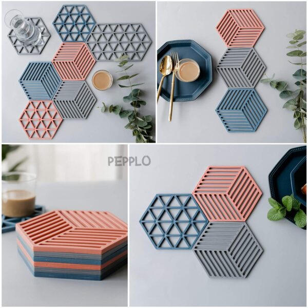 pepplo Trivet Mats,6 Pack Silicone Table Mats Heat Resistant Hot Pans Non-Slip Pot Holders Placemat for Bowl Dishes Kitchen Cooking Dining - Triangle & Line Mix